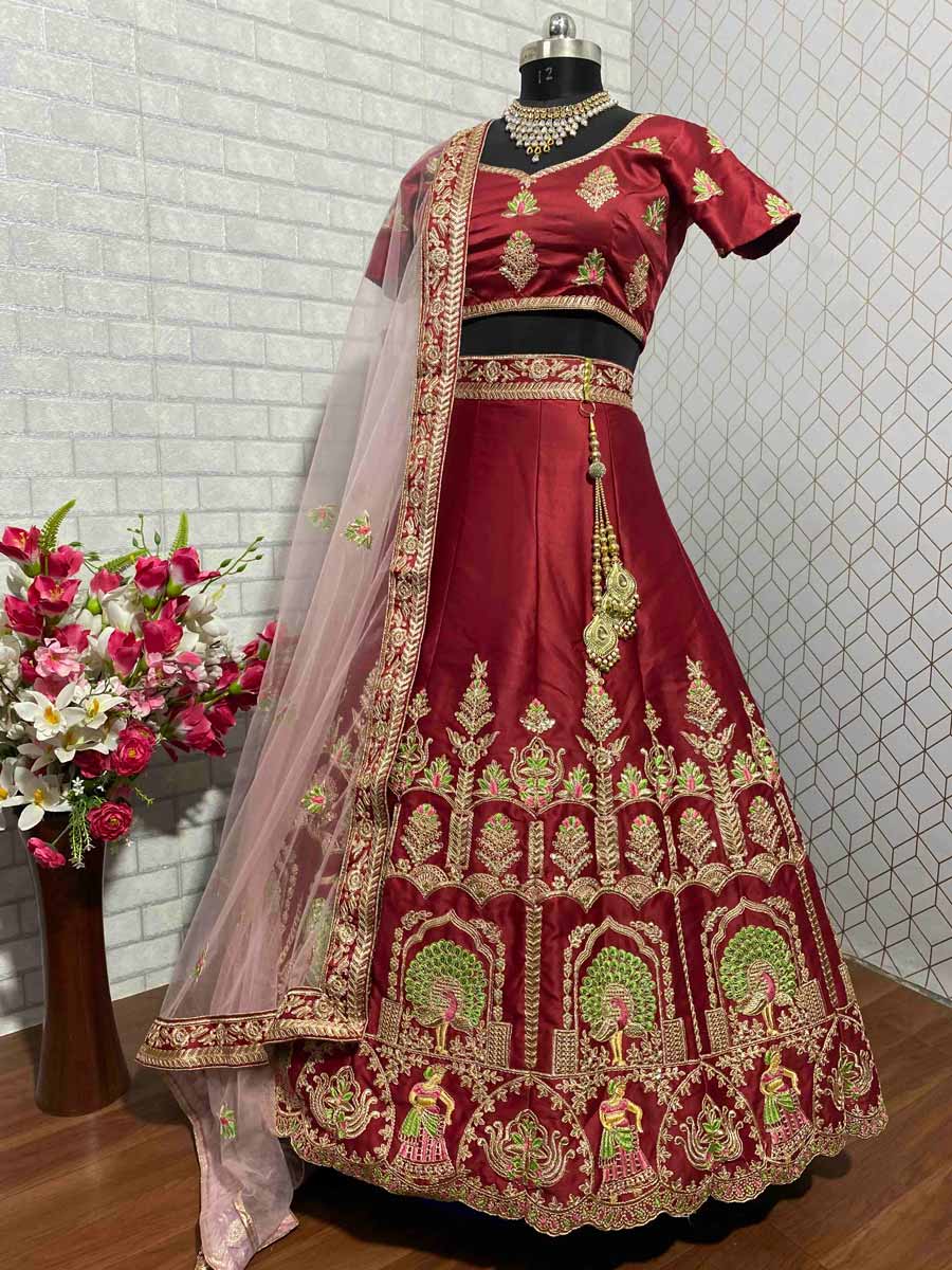 Buy Wedding Wear Maroon Satin Silk Sequins Work Designer Lehenga Choli  Online