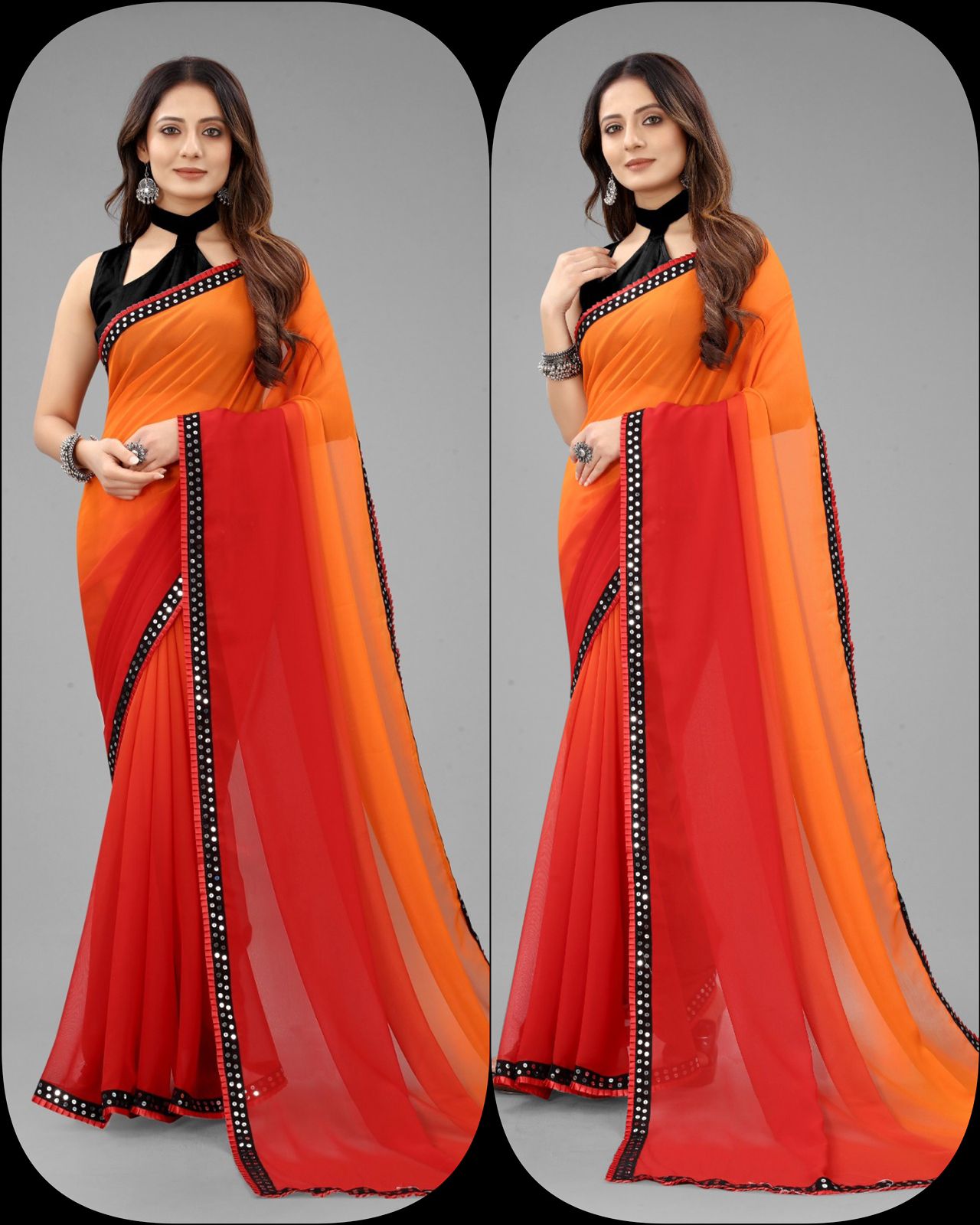 Checked Orange Kanjeevaram Silk Saree with Black Border - Tulsi Weaves