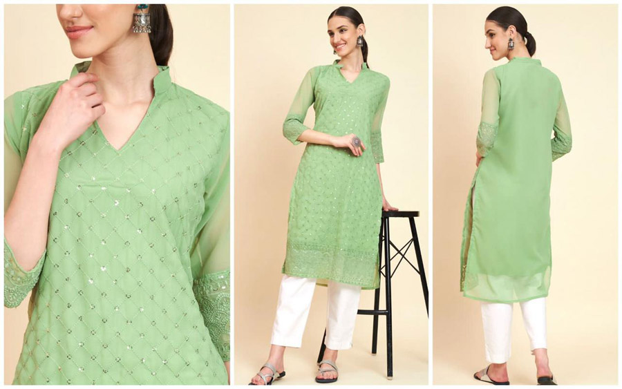 anokherang | Pista Green Embroidered Kurti and Straight Pants with Pista  Green Net | Ethnic Fash… | Silk kurti designs, Kurti designs party wear,  Kurti neck designs