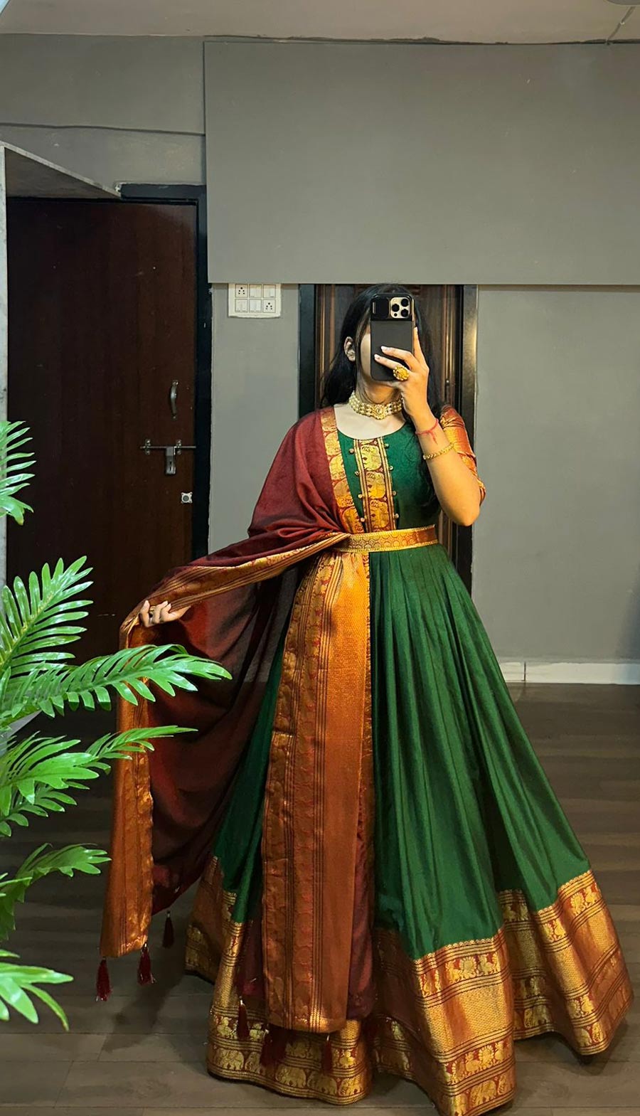 Green Color Long gown with heavy Banarasi Dupatta | Long gown dress, Indian  gowns dresses, Designer dresses