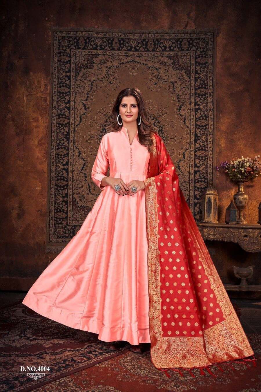 Peach Color Linen Cotton Fabric Stylish Hand Gota Work Party Wear Gown With  Dupatta
