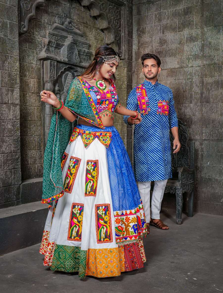 Multicolor cotton print and mirror work gujarati garba navratri lehenga  chaniya choli | Silk lehenga, Mirror work lehenga, Special dresses