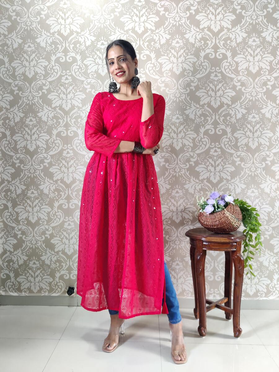 Cotton readymade alia cut kurti grey and with floral prints & embroide –  Maatshi