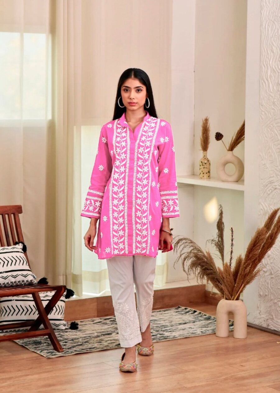 Pink Lucknowi Chikankari Work Rayon Kurti Pant Set With Dupatta – garment  villa